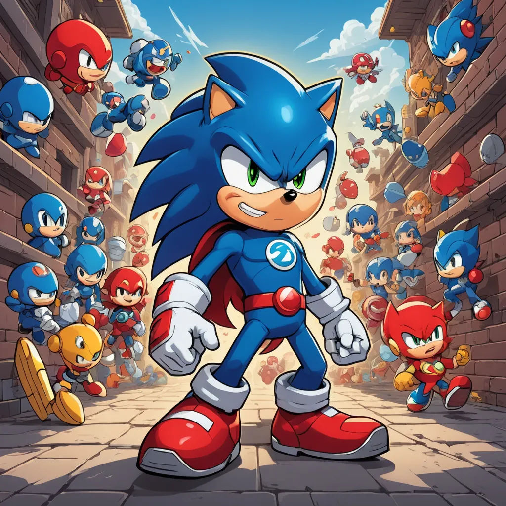 a cartoon of a sonic character surrounded by other characters in a city street with a sky background and a blue sky, sots art, an album cover, Adam Rex, official art