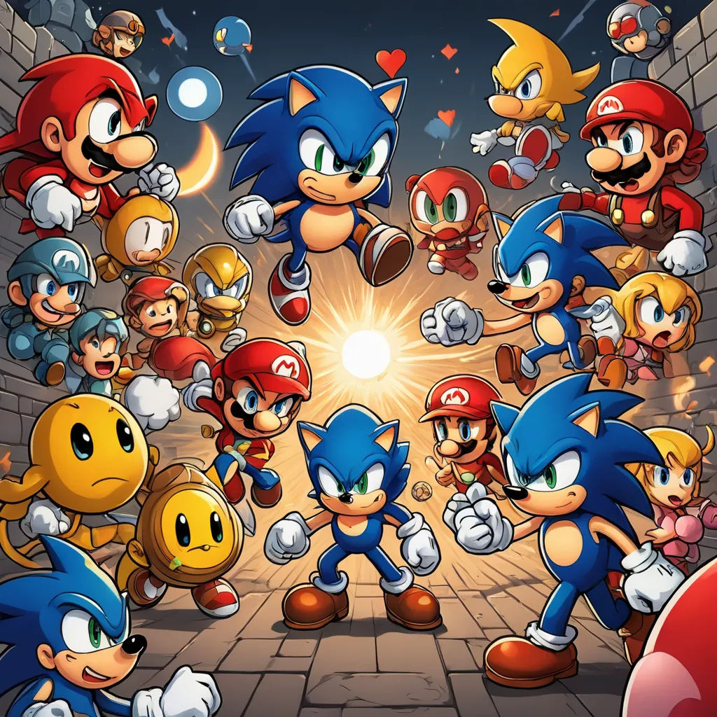 a bunch of sonic characters are in a tunnel with a light shining through them and a person in the middle of the picture, sots art, concept art, Dan Mumford, official art