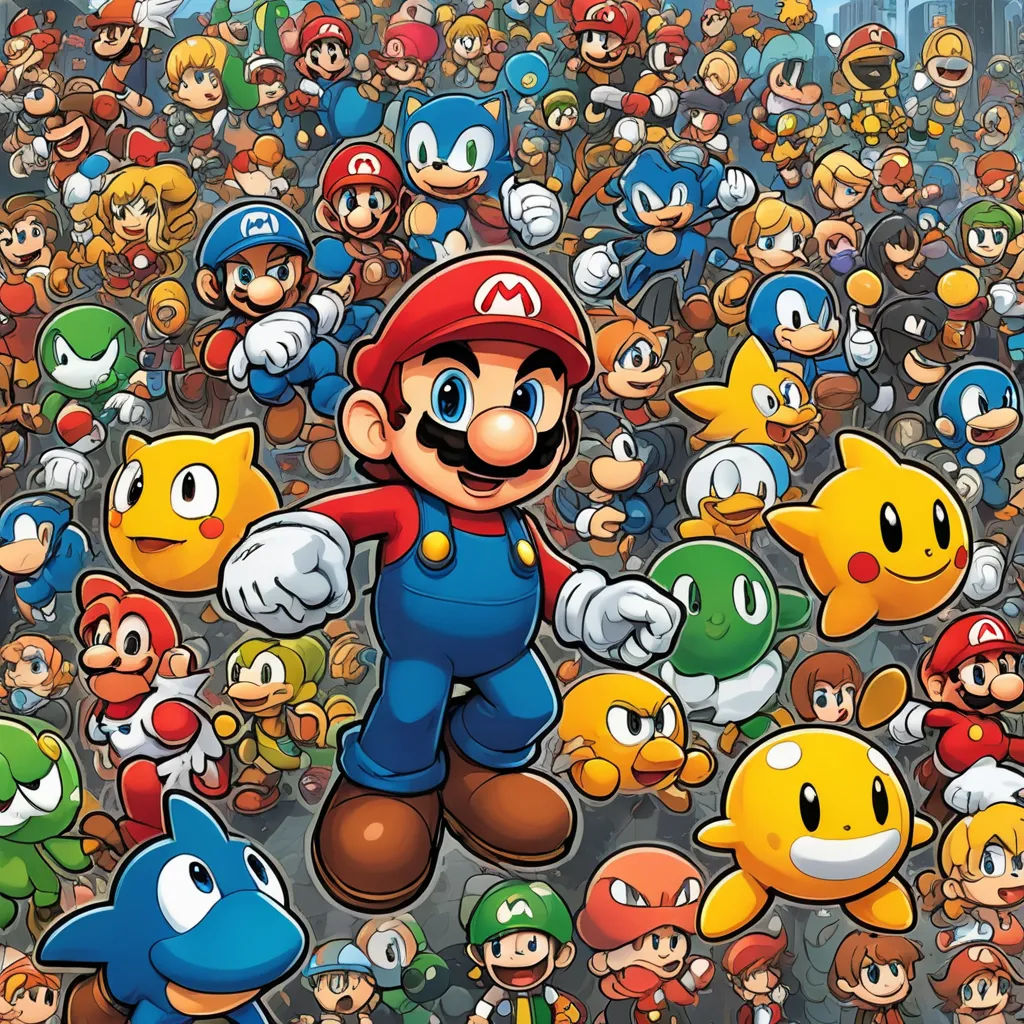 a bunch of mario and other characters in a crowd of people with a mario on the front of the image, sots art, concept art, Eddie Mendoza, 2 d game art