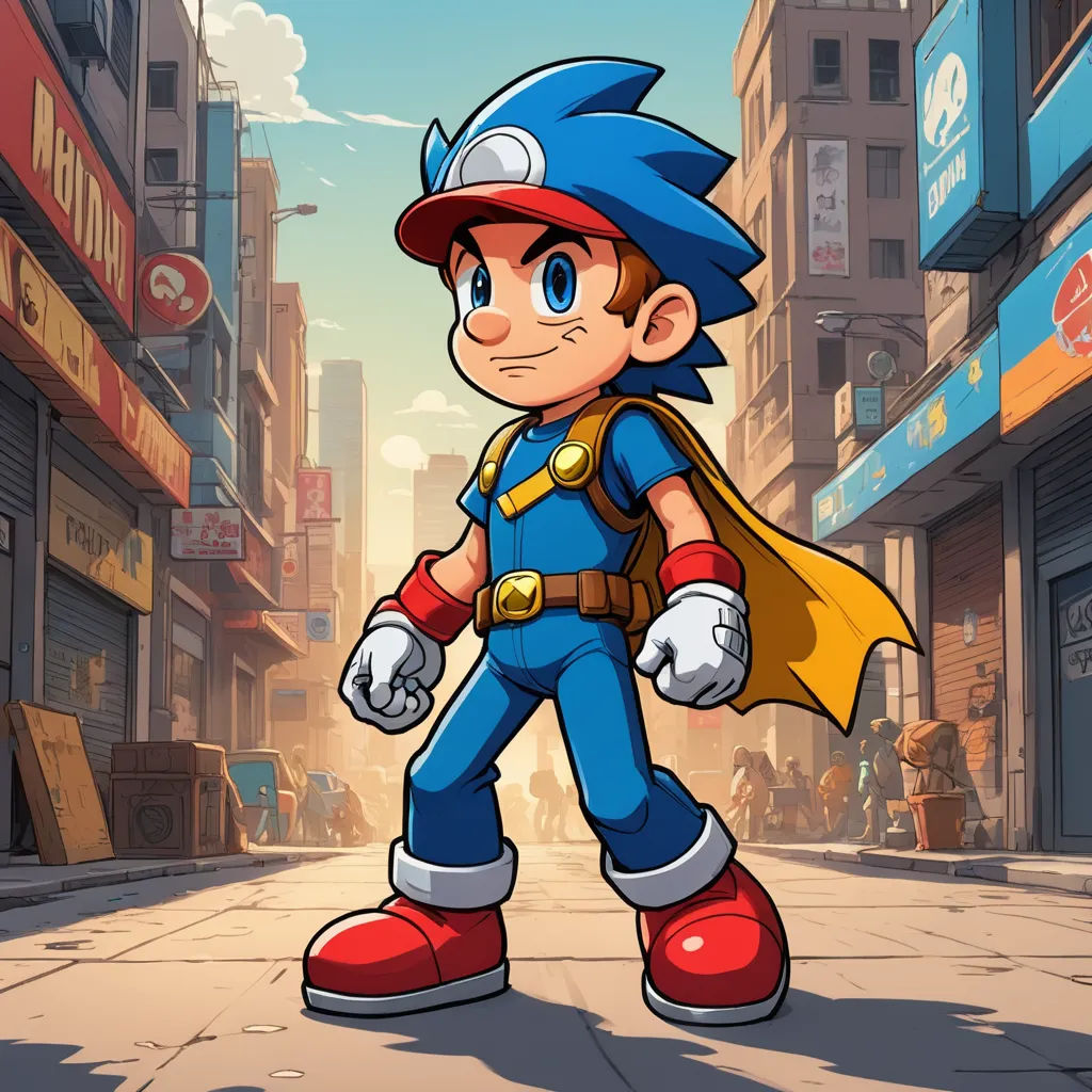 a cartoon character in a city street with buildings and people in the background, with a sonic the hedge character in the foreground, sots art, a character portrait, Americo Makk, 2 d game art