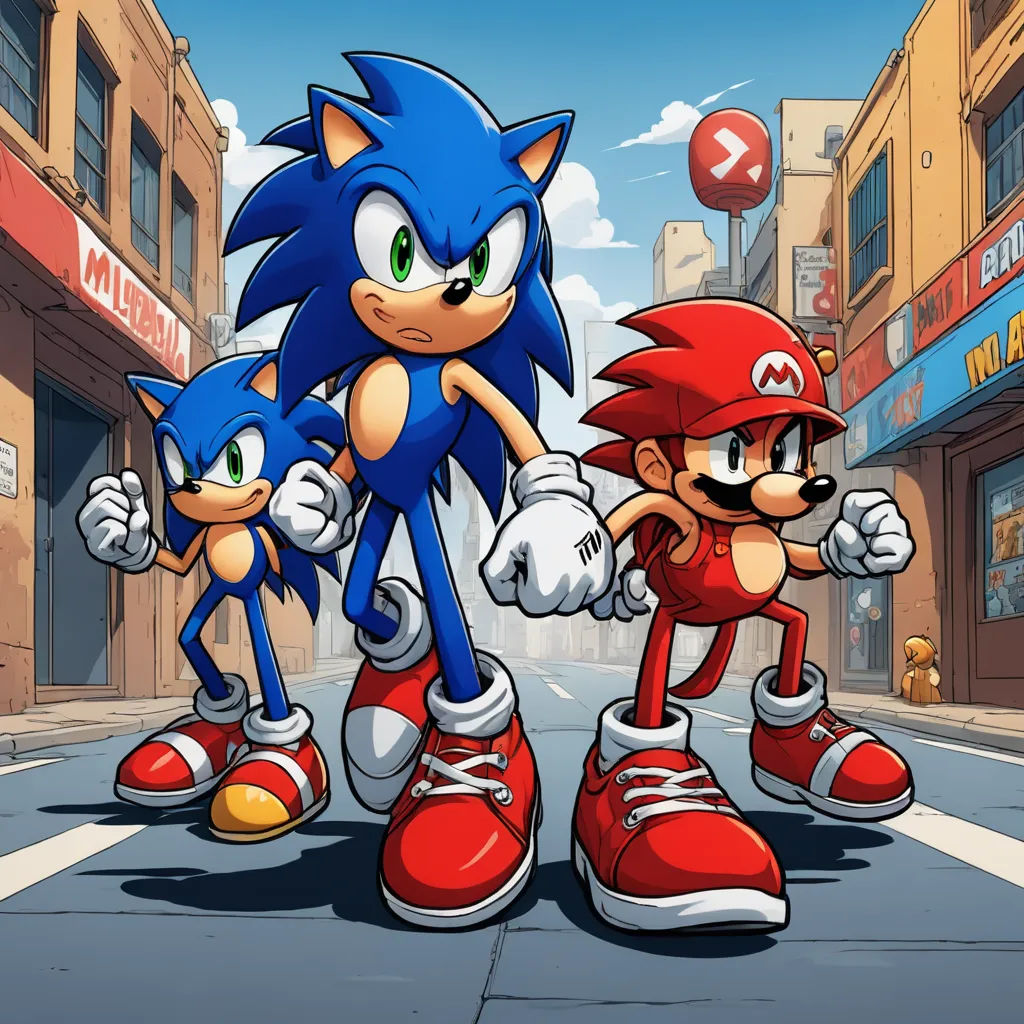 a cartoon of two sonic and sonic the hedges on a city street with buildings in the background and a red shoe, sots art, concept art, Eddie Mendoza, official art