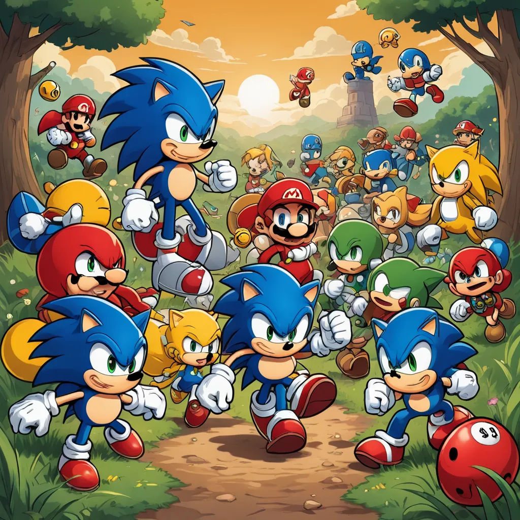 a bunch of sonic and mario characters in a forest with a castle in the background and a sky background, sots art, an album cover, Dan Mumford, official art