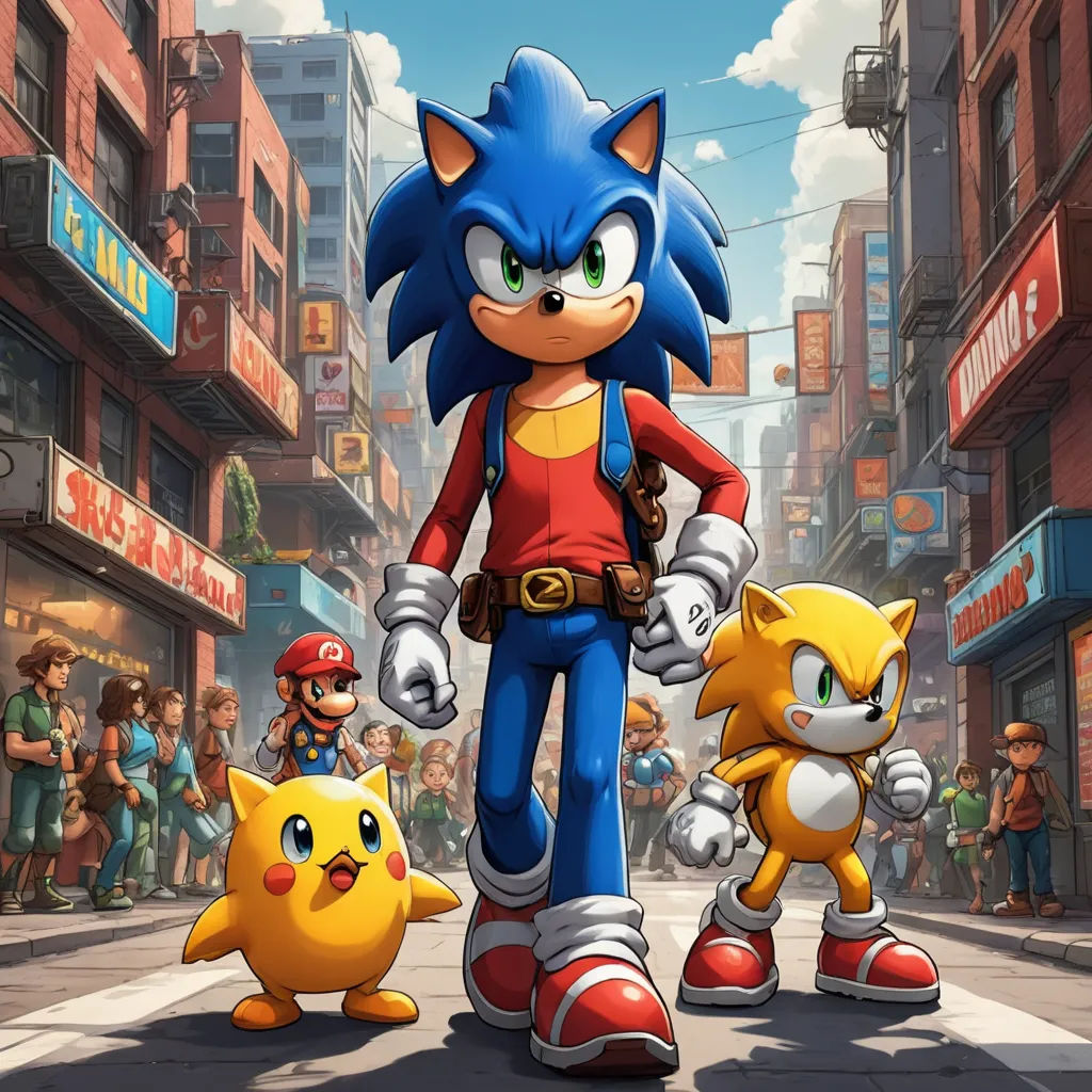 a group of people standing on a street next to a street sign with a cartoon character on it and a sonic the hedge, sots art, concept art, Chris LaBrooy, official art