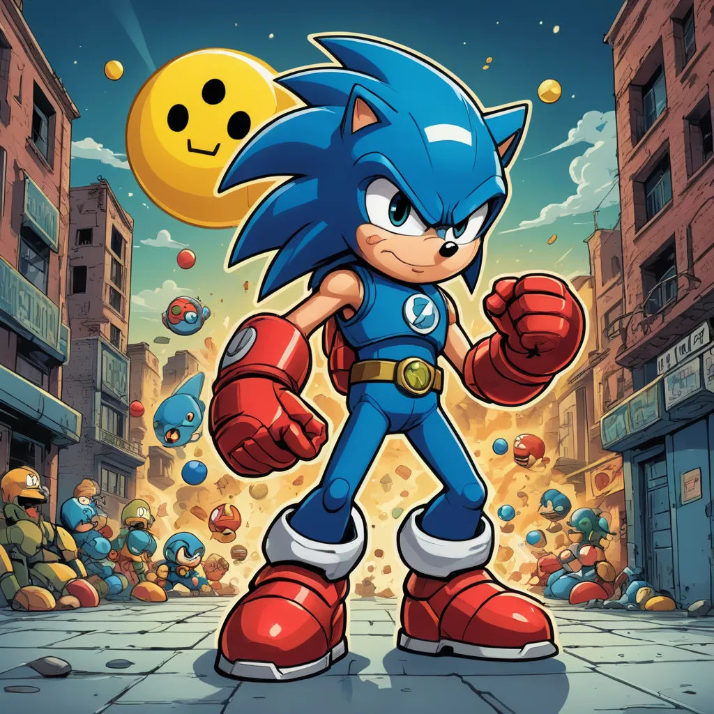 a cartoon character with a blue suit and red gloves on, standing in a city street with buildings and balloons, sots art, concept art, Chris LaBrooy, official art