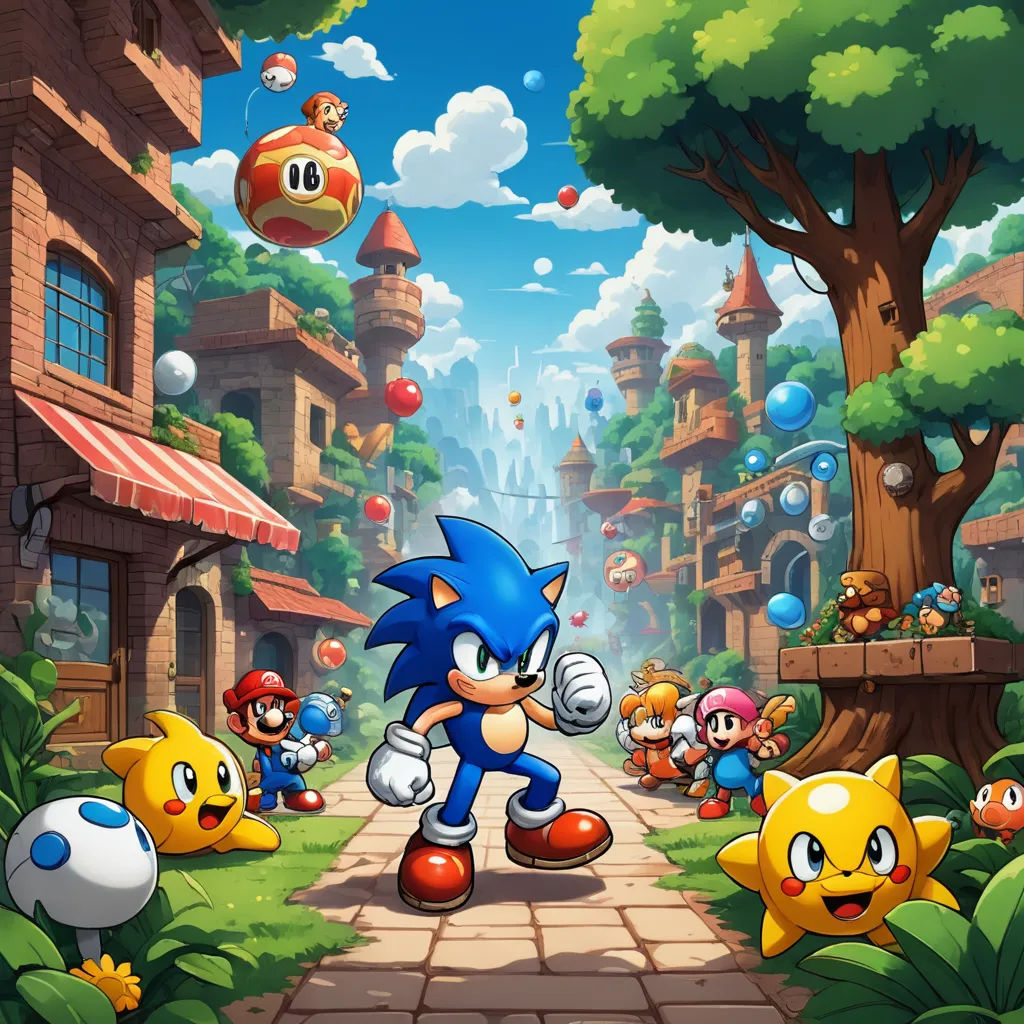 a cartoon of a sonic running through a city with other characters in the background and a video game character in the foreground, sots art, concept art, Chris LaBrooy, official art