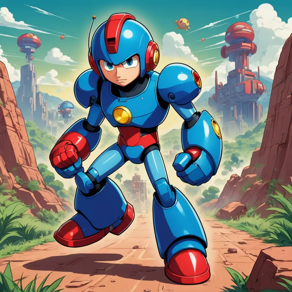 a cartoon character in a blue suit running through a desert area with a sky background and a red helmet, sots art, concept art, Adam Rex, official art