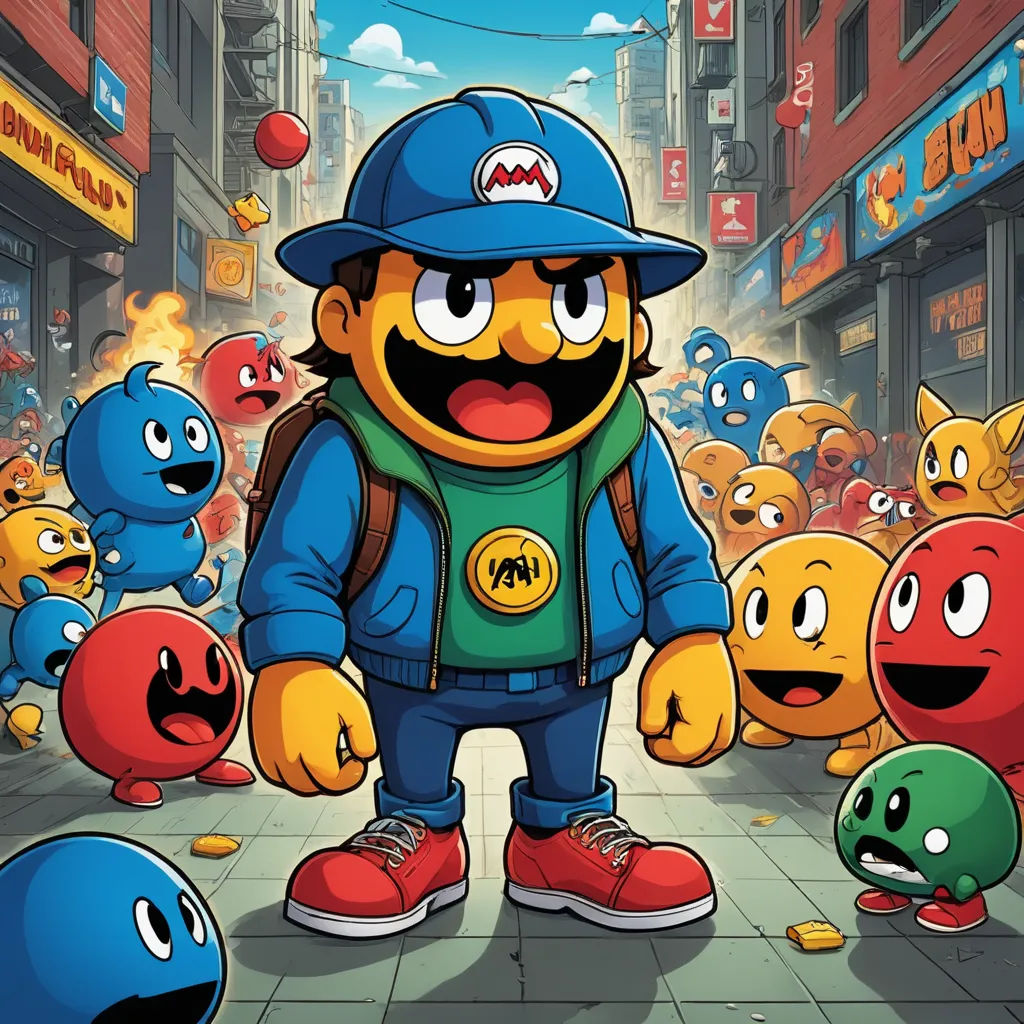 a cartoon character standing in front of a bunch of balls and monsters in a city street with buildings and signs, lyco art, a character portrait, Chris LaBrooy, official art