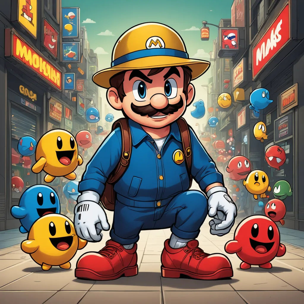 a cartoon character with many different colored characters around him and a man in a hat and overalls standing in front of a city street, sots art, concept art, Chris LaBrooy, official art