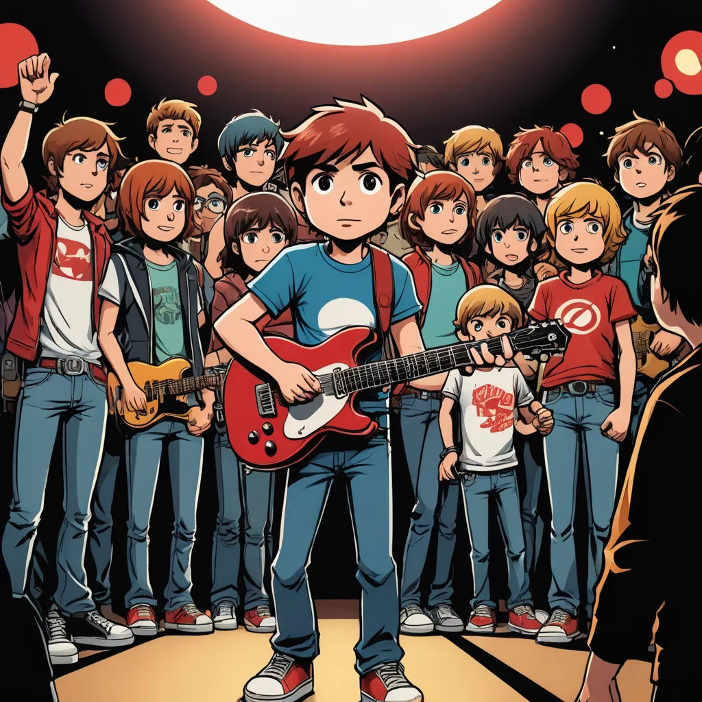 a cartoon of a boy playing a guitar in front of a group of people with a red light above him, underground comix, a comic book panel, Diego Gisbert Llorens, comic cover art