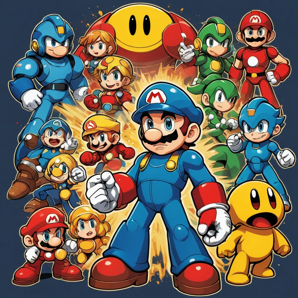 a bunch of mario bros characters in a cartoon style with a blue background and a yellow background with a red and white mario, maximalism, pixel art, Chris LaBrooy, 2 d game art