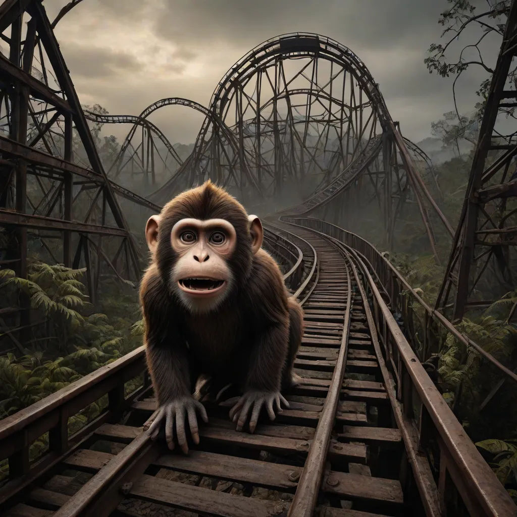 a monkey sitting on a train track with a roller coaster in the background and a dark sky in the background, shock art, a detailed matte painting, Chris LaBrooy, vfx