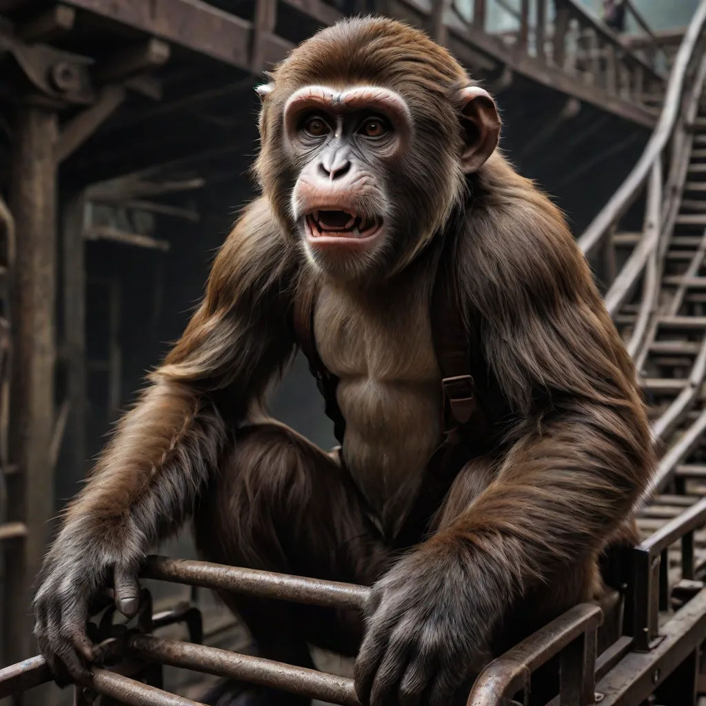 a monkey sitting on a rail in a zoo exhibit with a staircase in the background and a building in the background, primitivism, a detailed matte painting, Alex Petruk APe, weta digital
