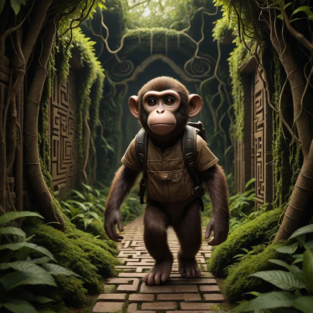 a monkey with a backpack walking through a tunnel of trees and bushes with a doorway in the background that leads to a tunnel, fantastic realism, a detailed matte painting, Chris LaBrooy, weta digital