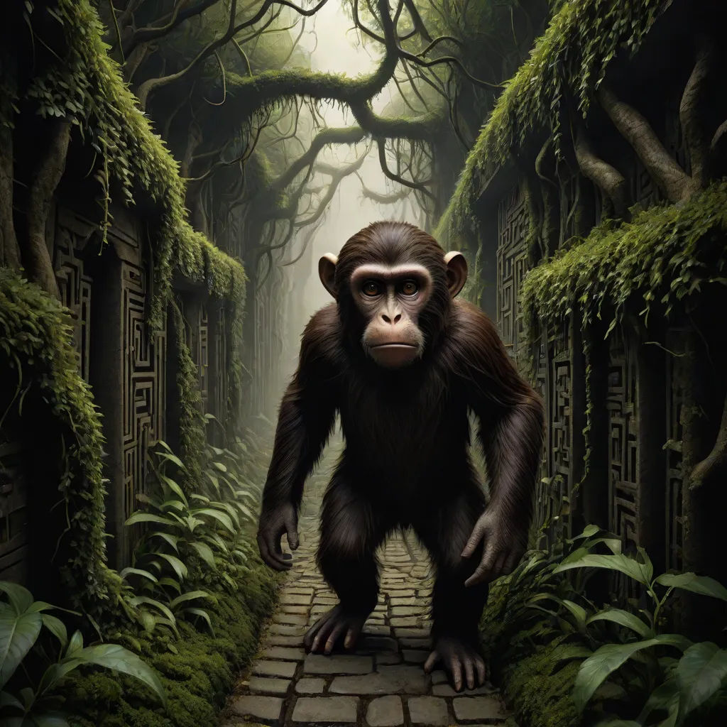 a monkey is walking through a forest with a path leading to a doorway with a door in the middle, naturalism, a detailed matte painting, Chris LaBrooy, weta digital