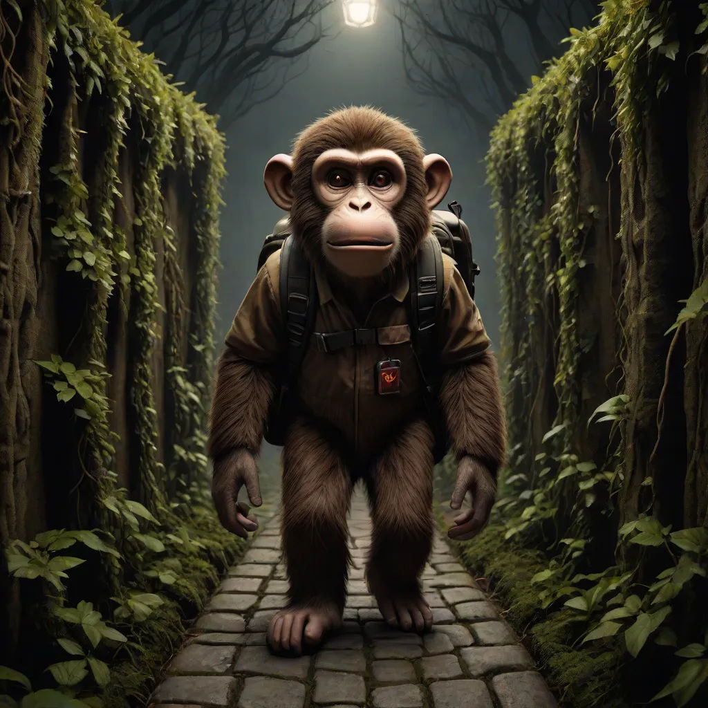 a monkey with a backpack walking through a forest at night with a light bulb on its head and a backpack on his back, fantastic realism, a detailed matte painting, Chris LaBrooy, weta digital