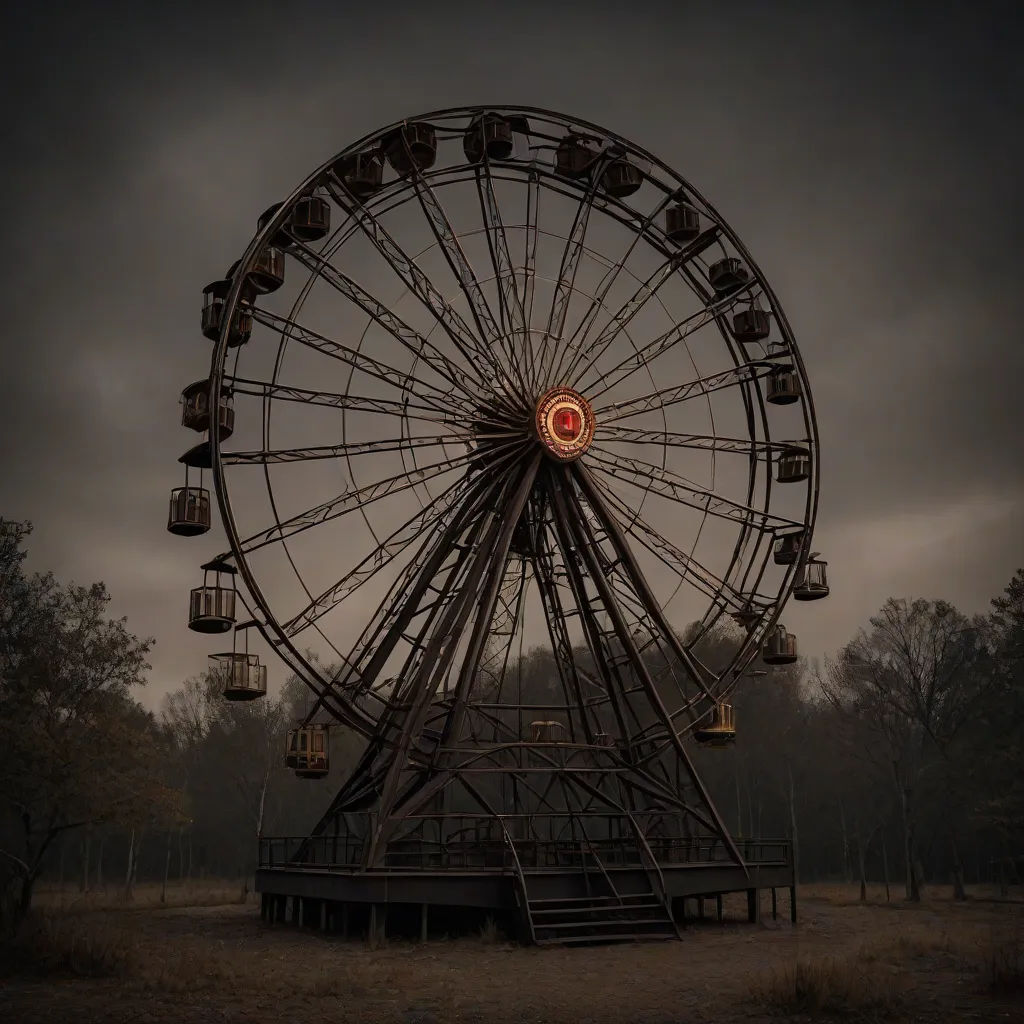 a ferris wheel in a field with a dark sky in the background and a red light on the wheel, art photography, concept art, Dirk Crabeth, promotional image
