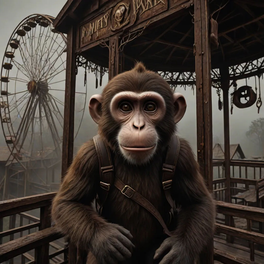 a monkey with a backpack standing in front of a ferris wheel and a carnival ride in the background with a sign that says, monkey park of fantasy park, fantastic realism, a character portrait, Chris LaBrooy, cgstudio