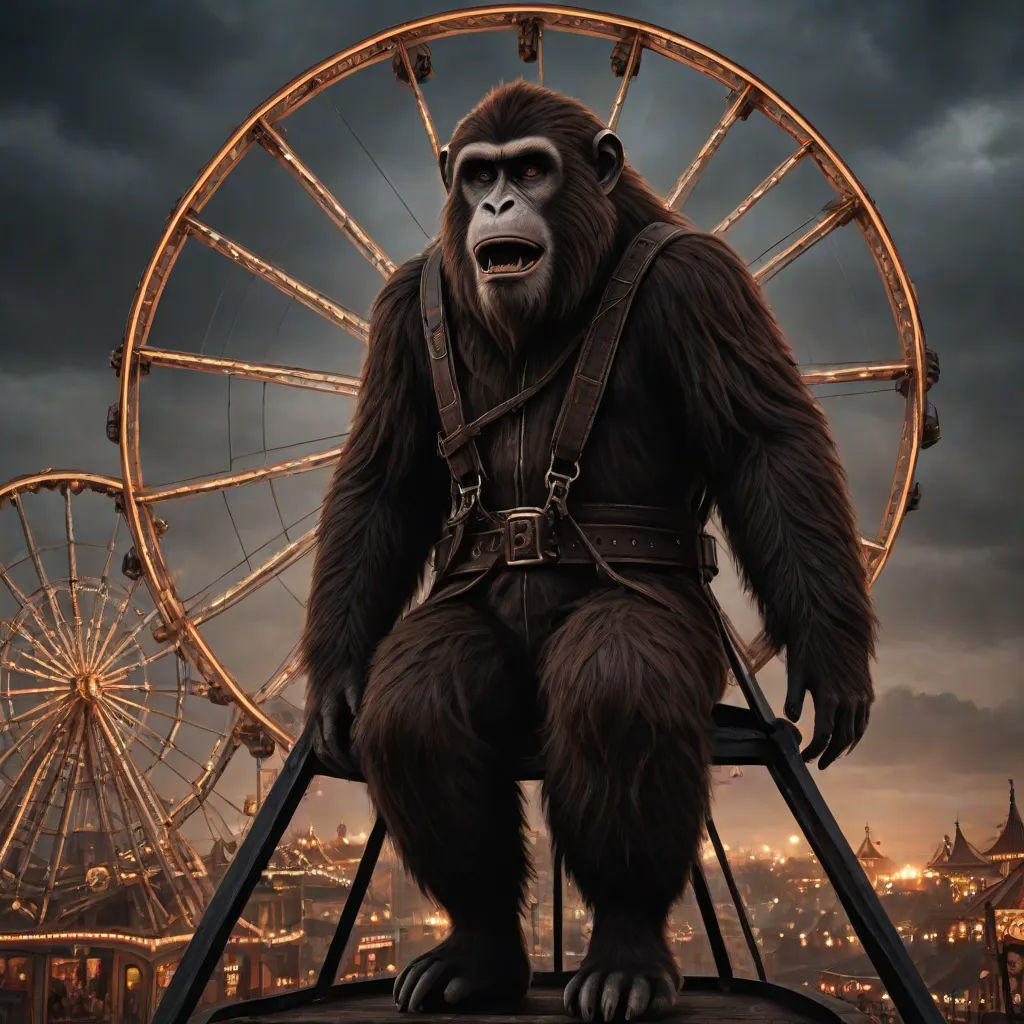 a gorilla sitting on a chair in front of a ferris wheel with a city in the background at night, fantastic realism, a detailed matte painting, Chris LaBrooy, weta digital