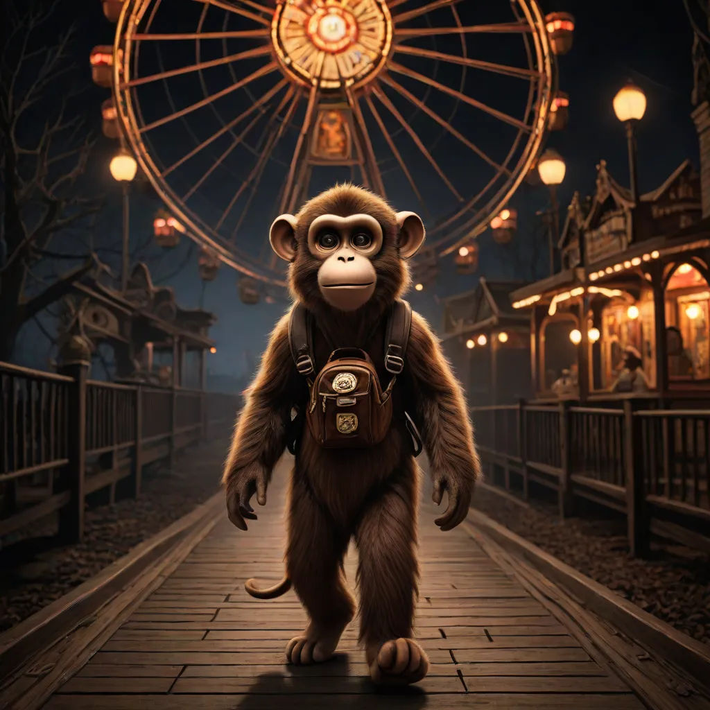 a monkey with a camera on a boardwalk at night with a ferris wheel in the background and lights on, fantastic realism, poster art, Chris LaBrooy, promotional image