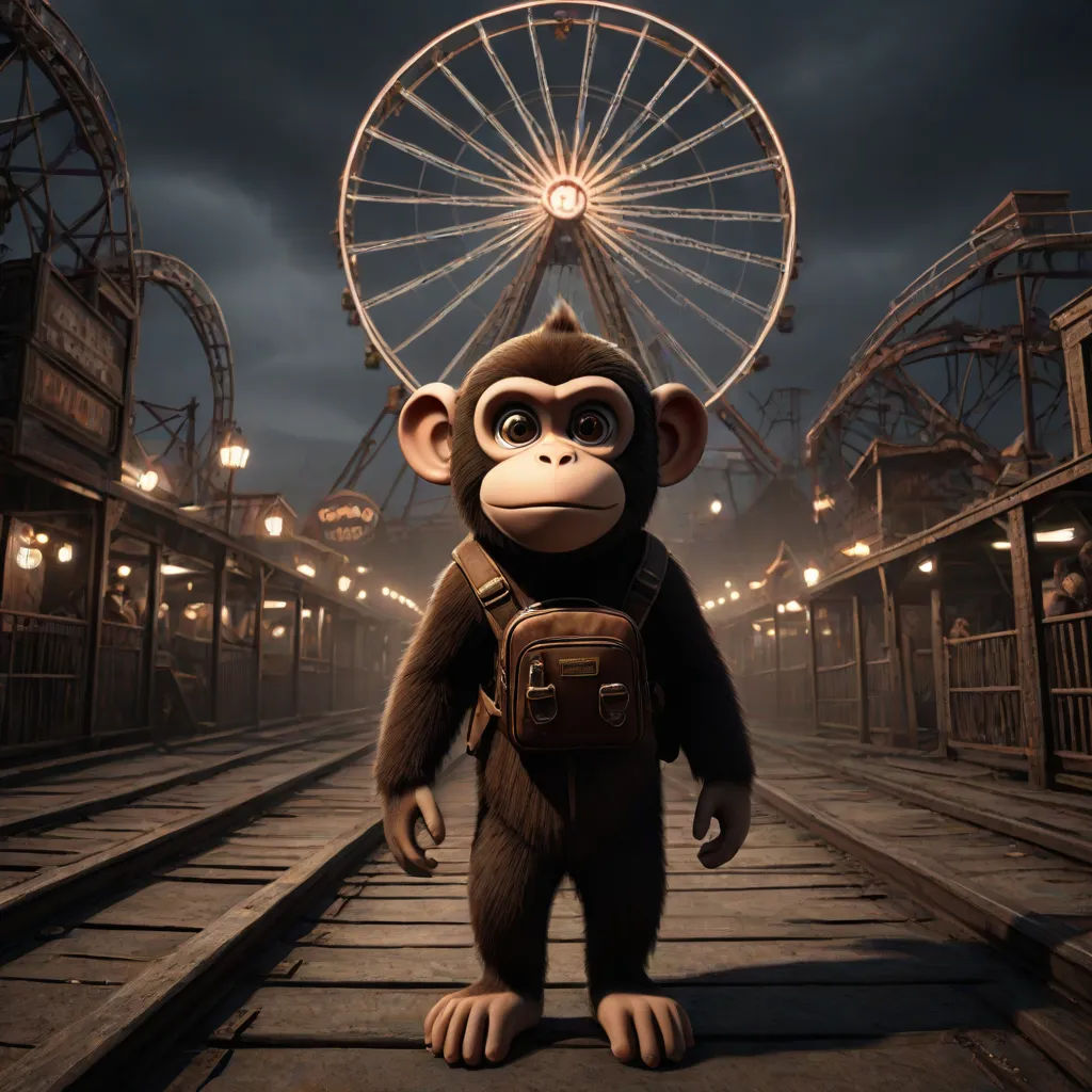 a monkey with a backpack standing on a train track in front of a ferris wheel at night with a ferris wheel in the background, photorealism, concept art, Chris LaBrooy, cryengine