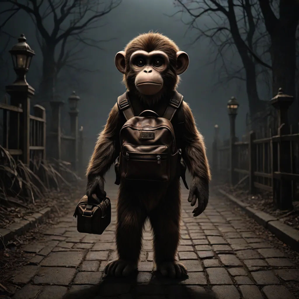 a monkey with a backpack and a camera in a creepy graveyard with a lantern and a lantern light on, rayonism, poster art, Eddie Mendoza, promotional image