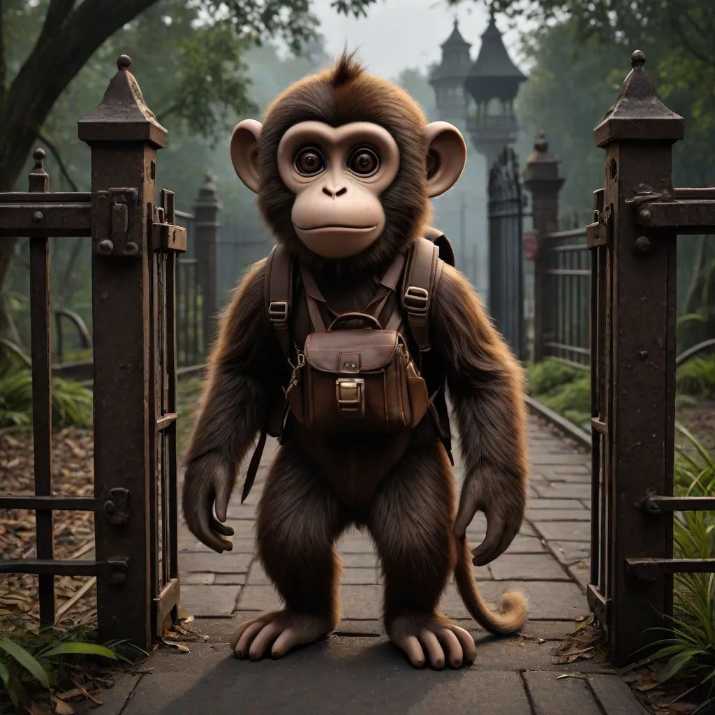 a monkey with a backpack standing in front of a gate with a gate in the background and trees in the background, photorealism, a character portrait, Chris LaBrooy, weta digital