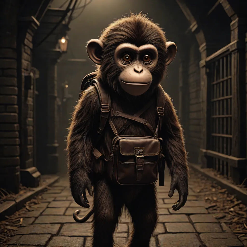a monkey with a backpack walking down a street at night with a light on it's head and a brick walkway, naturalism, a character portrait, Diego Gisbert Llorens, weta digital