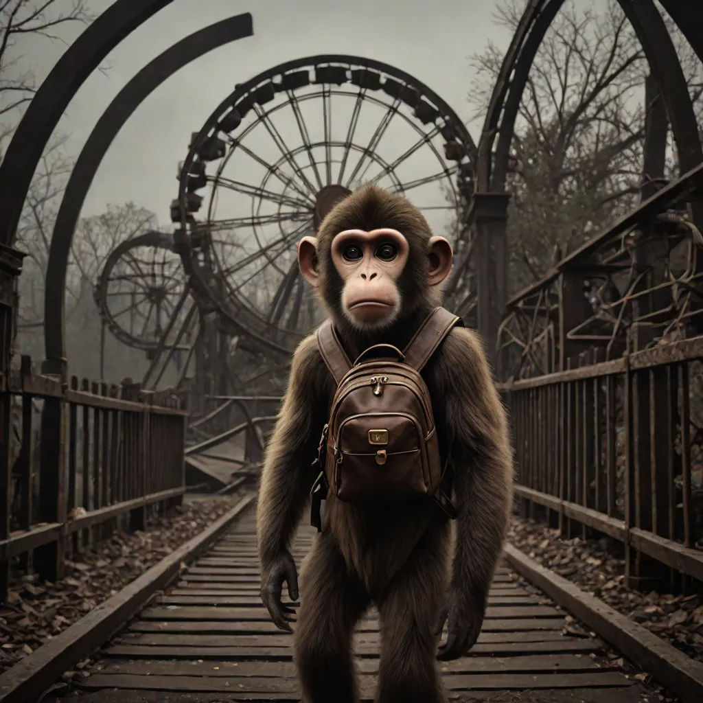 a monkey with a backpack walking down a bridge with a ferris wheel in the background and a person in the foreground, primitivism, poster art, Diego Gisbert Llorens, promotional image