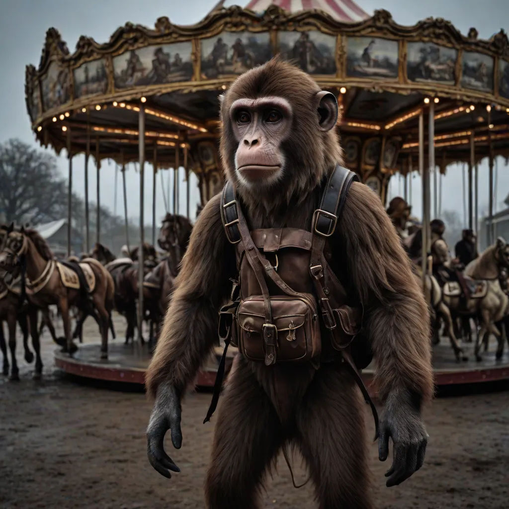 a monkey dressed as a man on a merry go round with horses in the background and a carousel in the foreground, fantastic realism, a detailed matte painting, Chris LaBrooy, weta digital