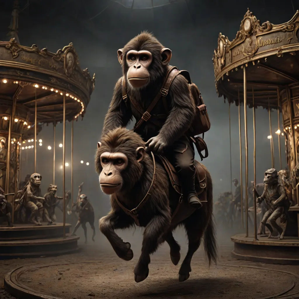 a monkey riding a horse in front of a carousel with a monkey on it's back and a carousel in the background, fantastic realism, a detailed matte painting, David Teniers III, weta digital