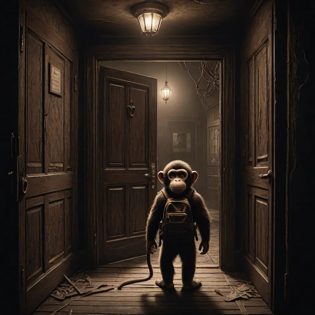 a monkey with a backpack in a dark hallway with a light on it's head and a lantern on its head, sots art, a screenshot, Alex Petruk APe, cryengine