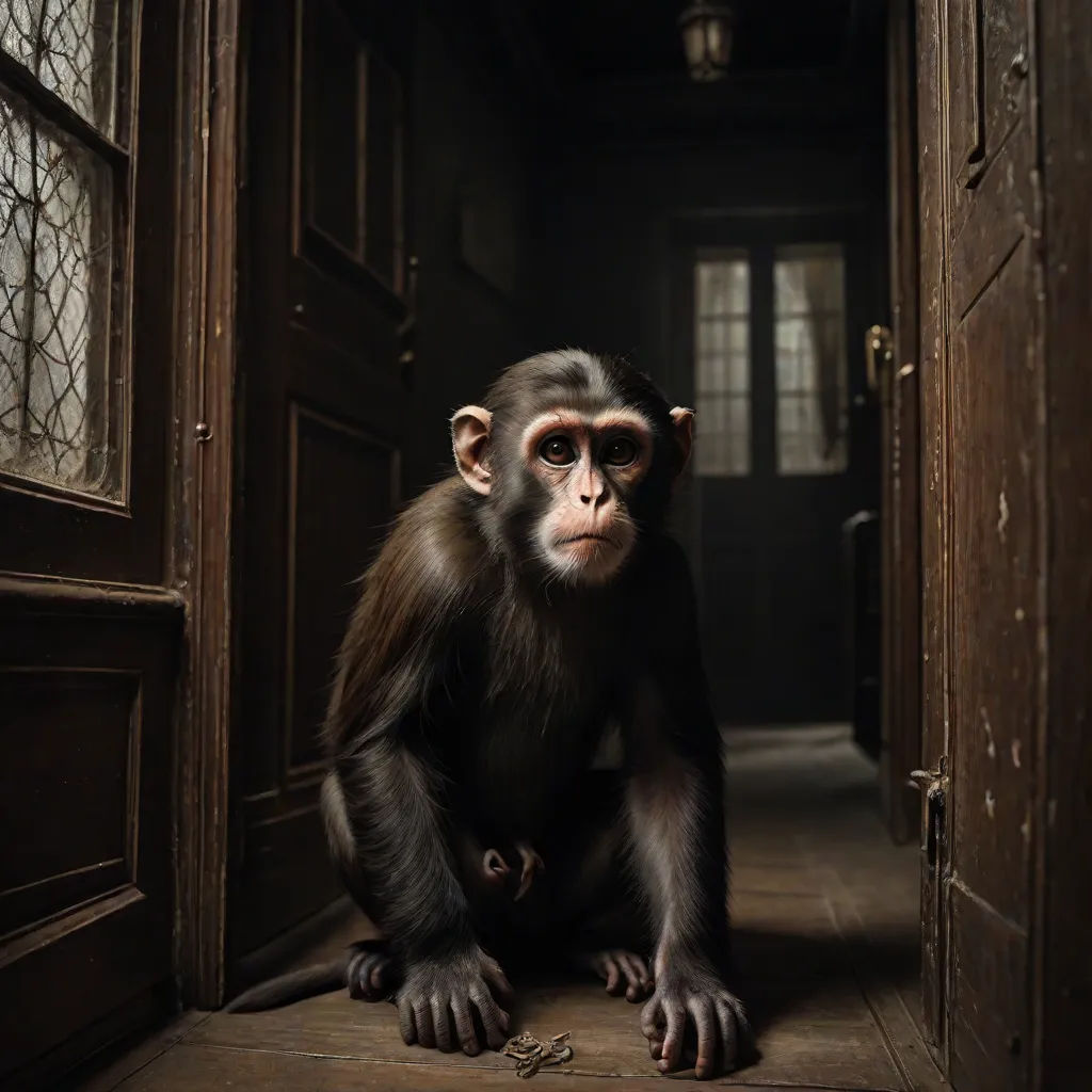 a monkey sitting in a doorway with its eyes closed and a hand on the ground in front of it, photorealism, a flemish Baroque, Diego Gisbert Llorens, weta digital
