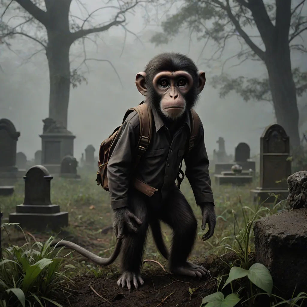 a monkey with a backpack on its back walking through a cemetery with trees and tombstones in the background, serial art, a detailed matte painting, Eddie Mendoza, weta digital