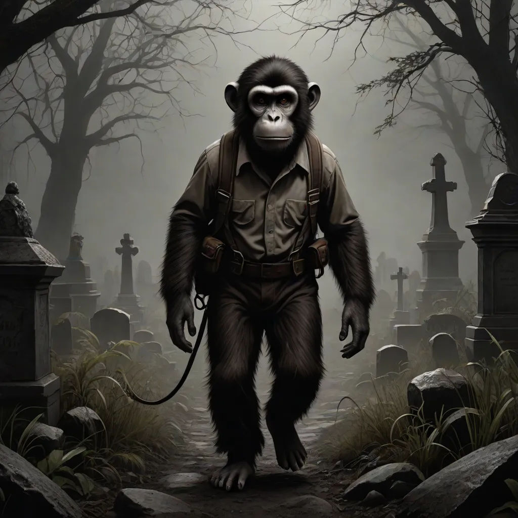 a monkey with a backpack and a leash walking through a cemetery with tombstones and trees in the background, gothic art, a character portrait, Alex Petruk APe, promotional image