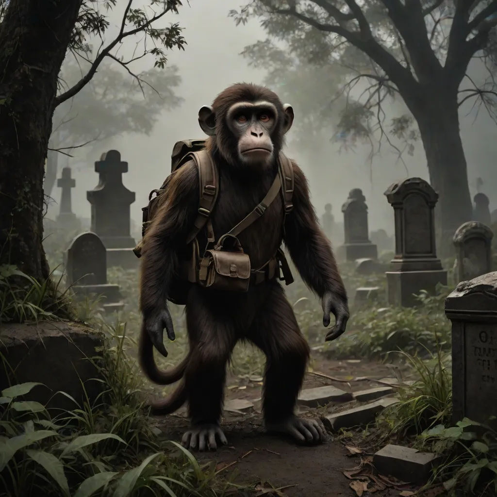 a monkey with a backpack on standing in a cemetery with a cemetery marker in the background and trees in the foreground, primitivism, concept art, Alex Petruk APe, weta digital