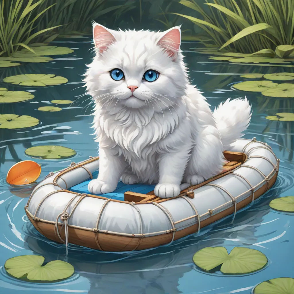 a white cat sitting on top of a raft in a pond of water with lily pads on the side, fantasy art, a storybook illustration, Donato Giancola, magic the gathering artwork