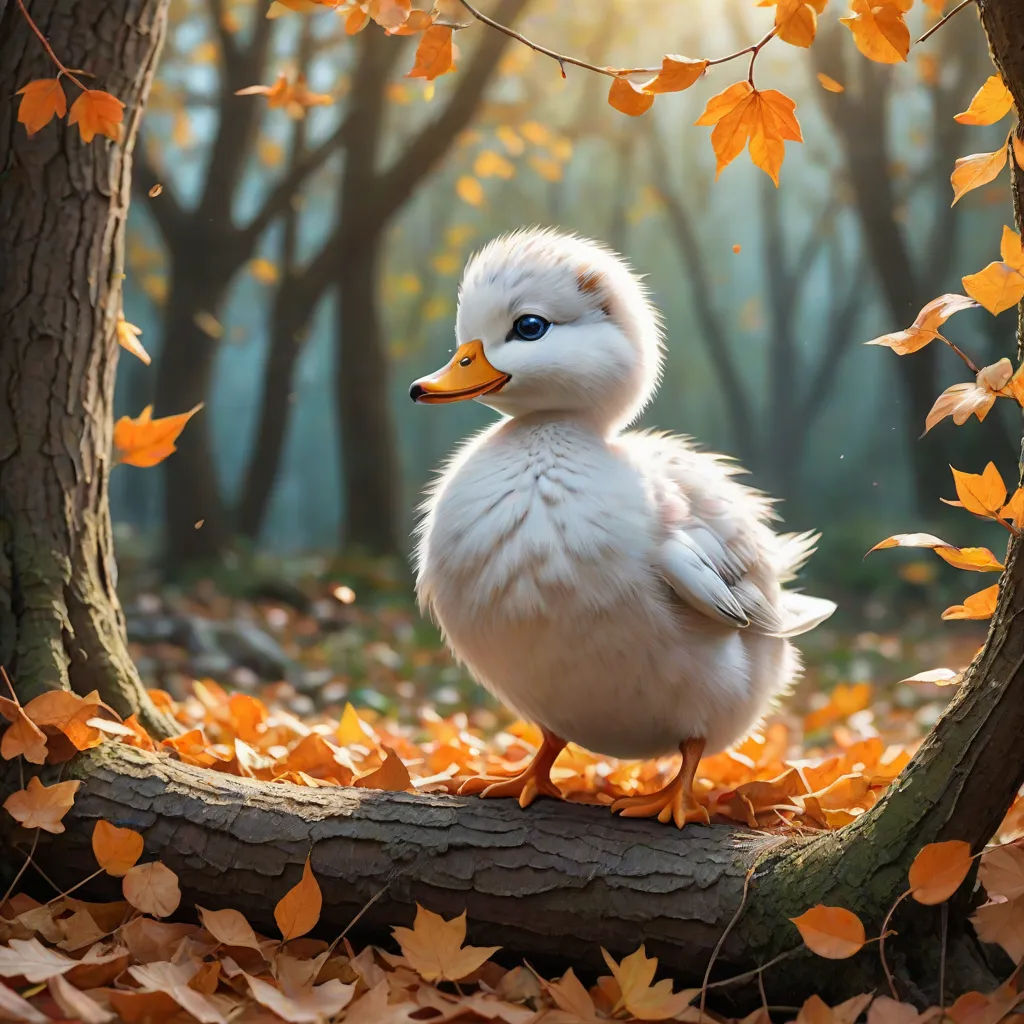 a duck sitting on a log in a forest with leaves on the ground and trees in the background with yellow leaves, art photography, a photorealistic painting, Chris LaBrooy, animal photography
