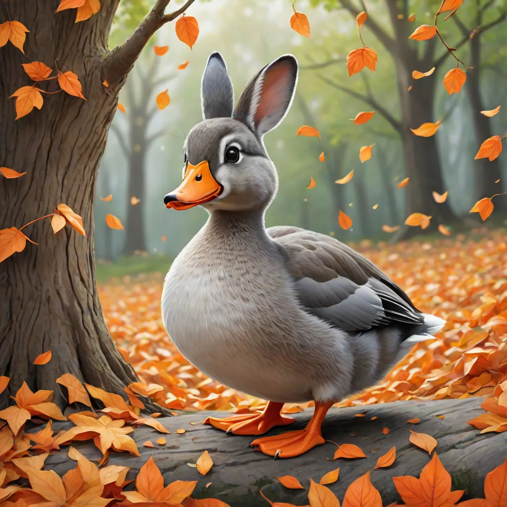 a duck with a rabbit ears standing in a forest with leaves on the ground and a tree with orange leaves, furry art, an ultrafine detailed painting, Chris LaBrooy, ultra realistic digital art
