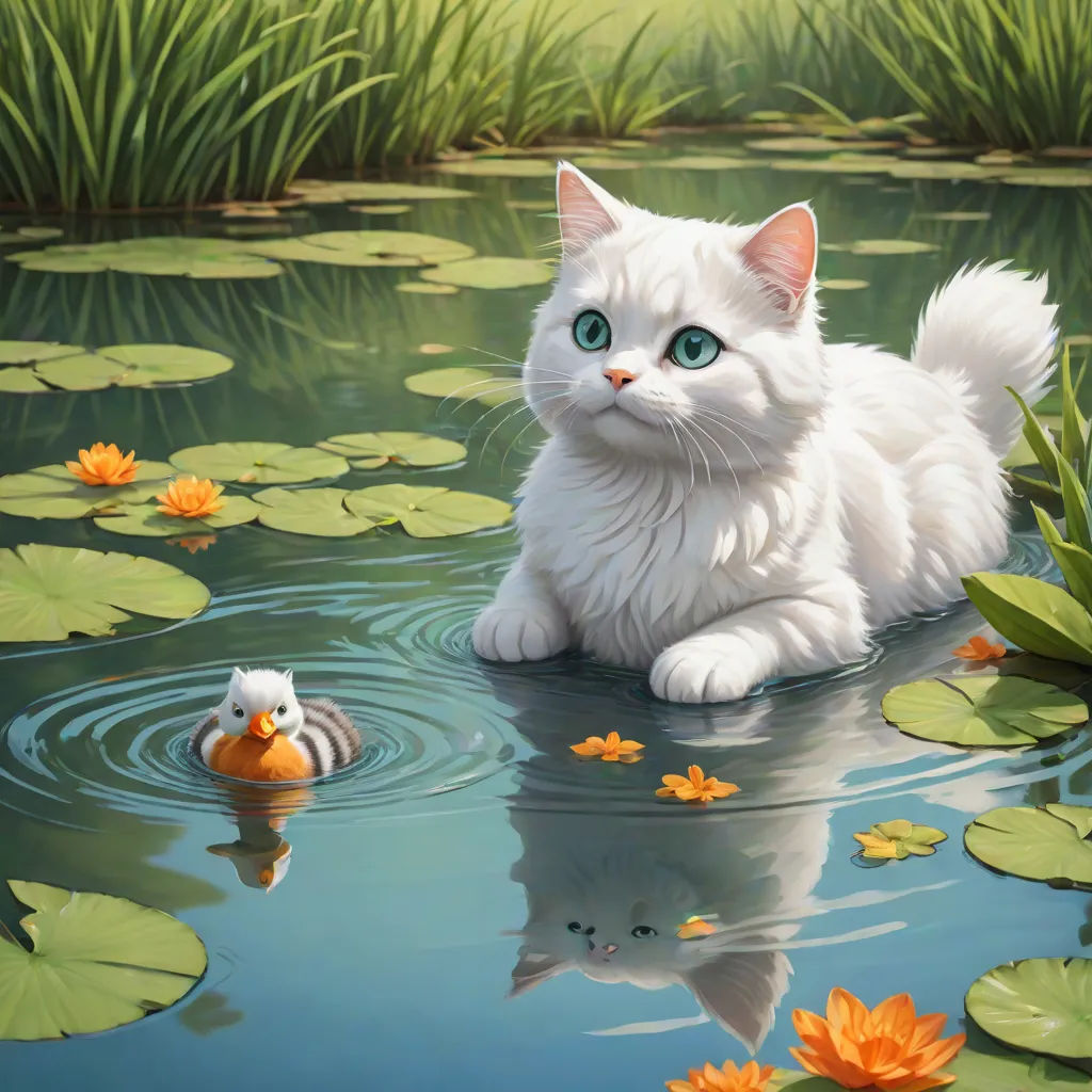 a white cat sitting in a pond with lily pads and a duck in the water with lily pads around it, furry art, a photorealistic painting, Chris LaBrooy, highly detailed digital painting