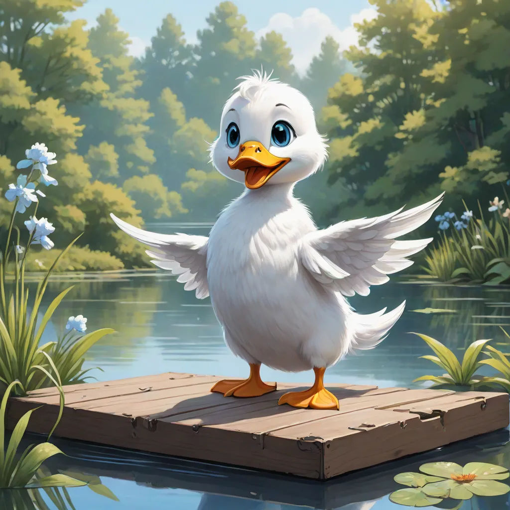 a duck standing on a dock in a pond with lily pads and trees in the background, with a pond with lily pads and water lilies, altermodern, an ultrafine detailed painting, Chris LaBrooy, magic the gathering artwork