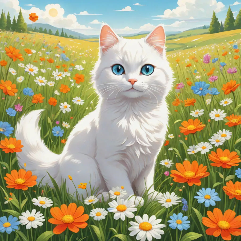 a white cat sitting in a field of flowers with a blue eyes and a white tail, with a green field of flowers in the background, furry art, an album cover, Chris LaBrooy, official art