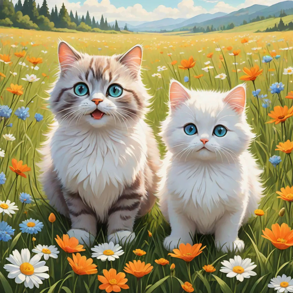 two cats sitting in a field of flowers with a sky background and a mountain range in the distance behind them, furry art, a fine art painting, Brothers Hildebrandt, official art