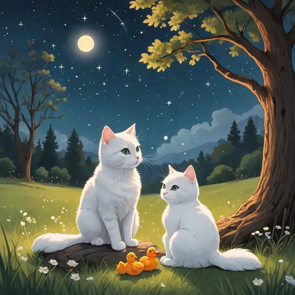 a painting of two cats sitting in the grass under a tree with a moon and stars in the sky, fantasy art, a storybook illustration, Brothers Hildebrandt, official art