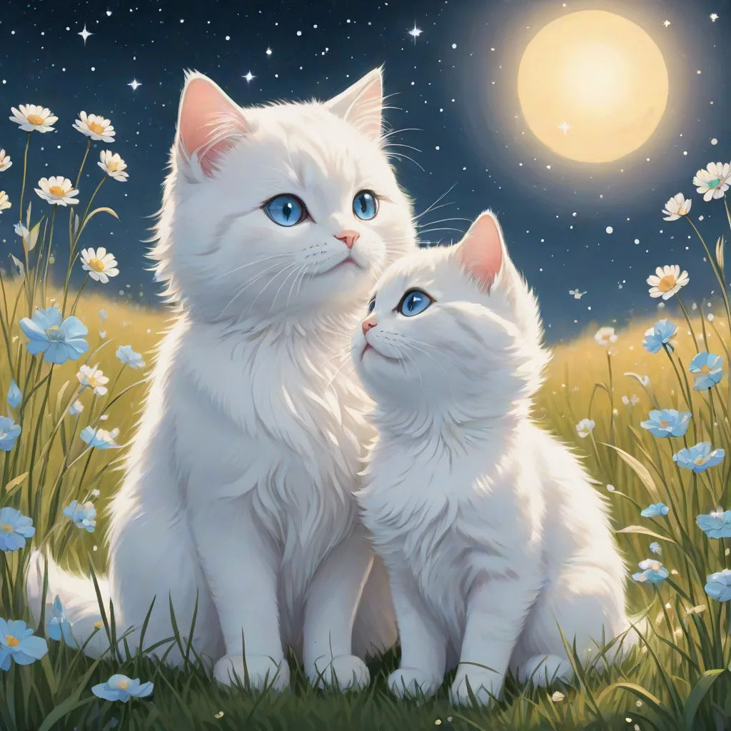 a painting of two white cats sitting in a field of flowers with a full moon in the background and stars in the sky, space art, a detailed painting, Anne Stokes, anime art
