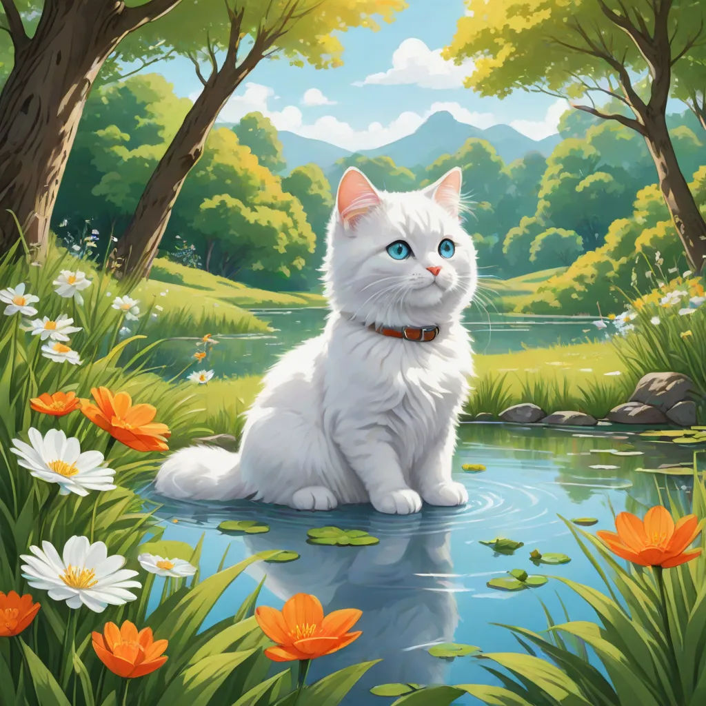 a white cat sitting on a pond surrounded by flowers and trees with a mountain in the background and a lake in the foreground, sots art, a storybook illustration, Chris LaBrooy, official art