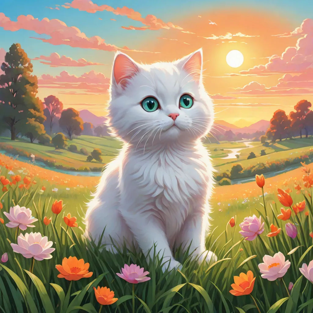 a white cat sitting in a field of flowers with a sunset in the background and a field of flowers, pop surrealism, a fine art painting, Chris LaBrooy, official art