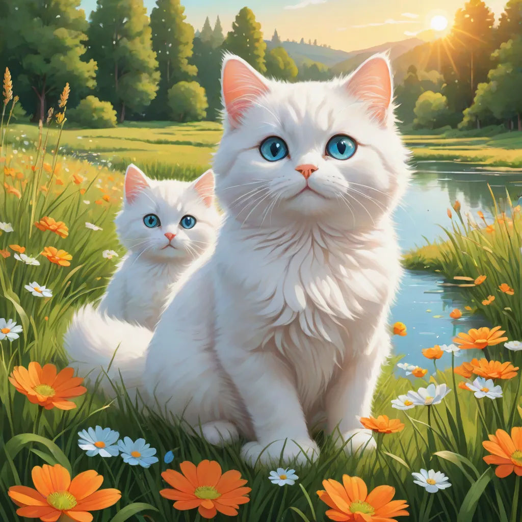 a painting of two white cats sitting in a field of flowers and daisies with a pond in the background, furry art, a fine art painting, Brothers Hildebrandt, magic the gathering artwork