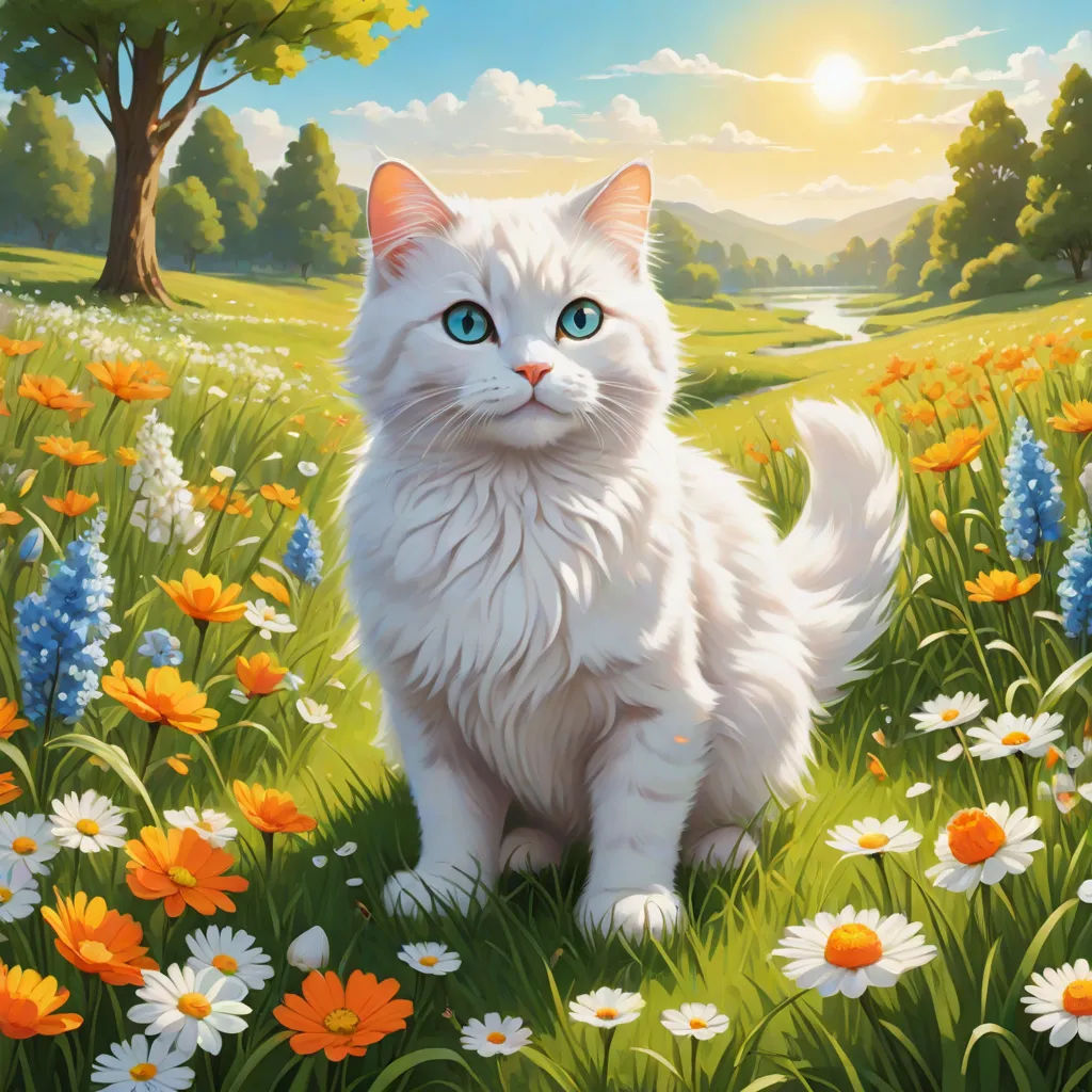 a white cat sitting in a field of flowers with a tree in the background and a sun in the sky, furry art, a fine art painting, Chris LaBrooy, magic the gathering artwork