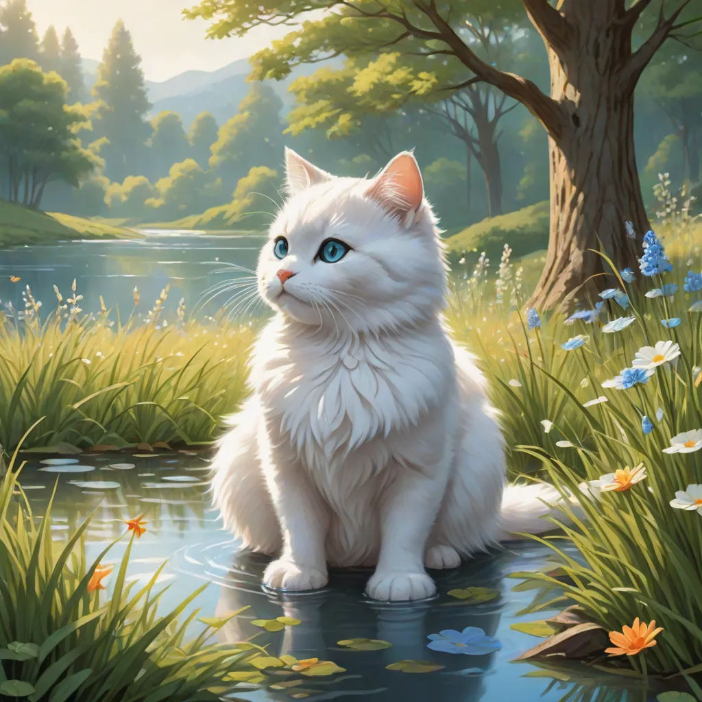 a white cat sitting in a pond of water with a tree in the background and flowers in the foreground, fantasy art, a fine art painting, Chris LaBrooy, magic the gathering artwork