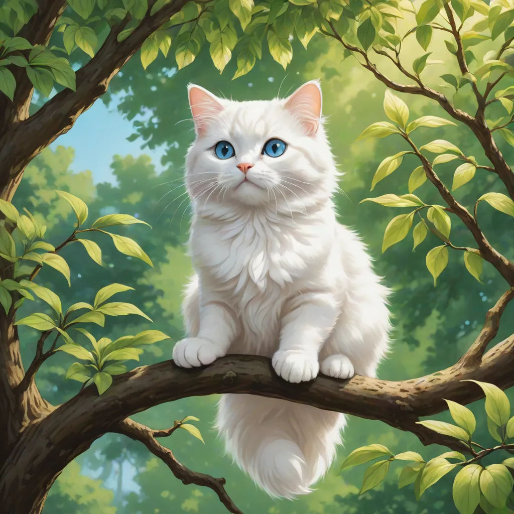 a white cat sitting on a tree branch with blue eyes and a green background is featured in this painting, fantasy art, a fine art painting, Chris LaBrooy, magic the gathering artwork